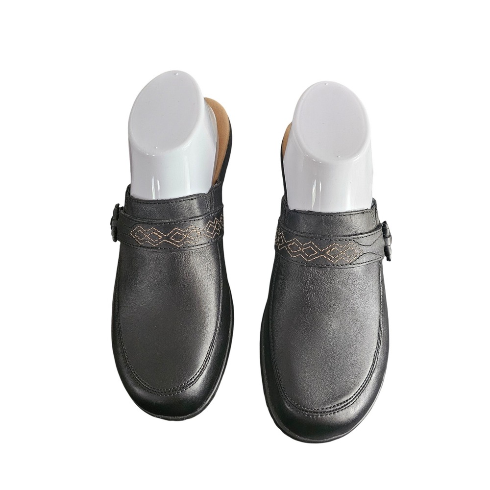 Clarks Womens Leisa Dream Black Leather Mules Size 7.5 - Picture 1 of 9